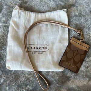 NWT Coach Signature Lanyard Brown Monogram Badge Holder with Rose Gold Accents